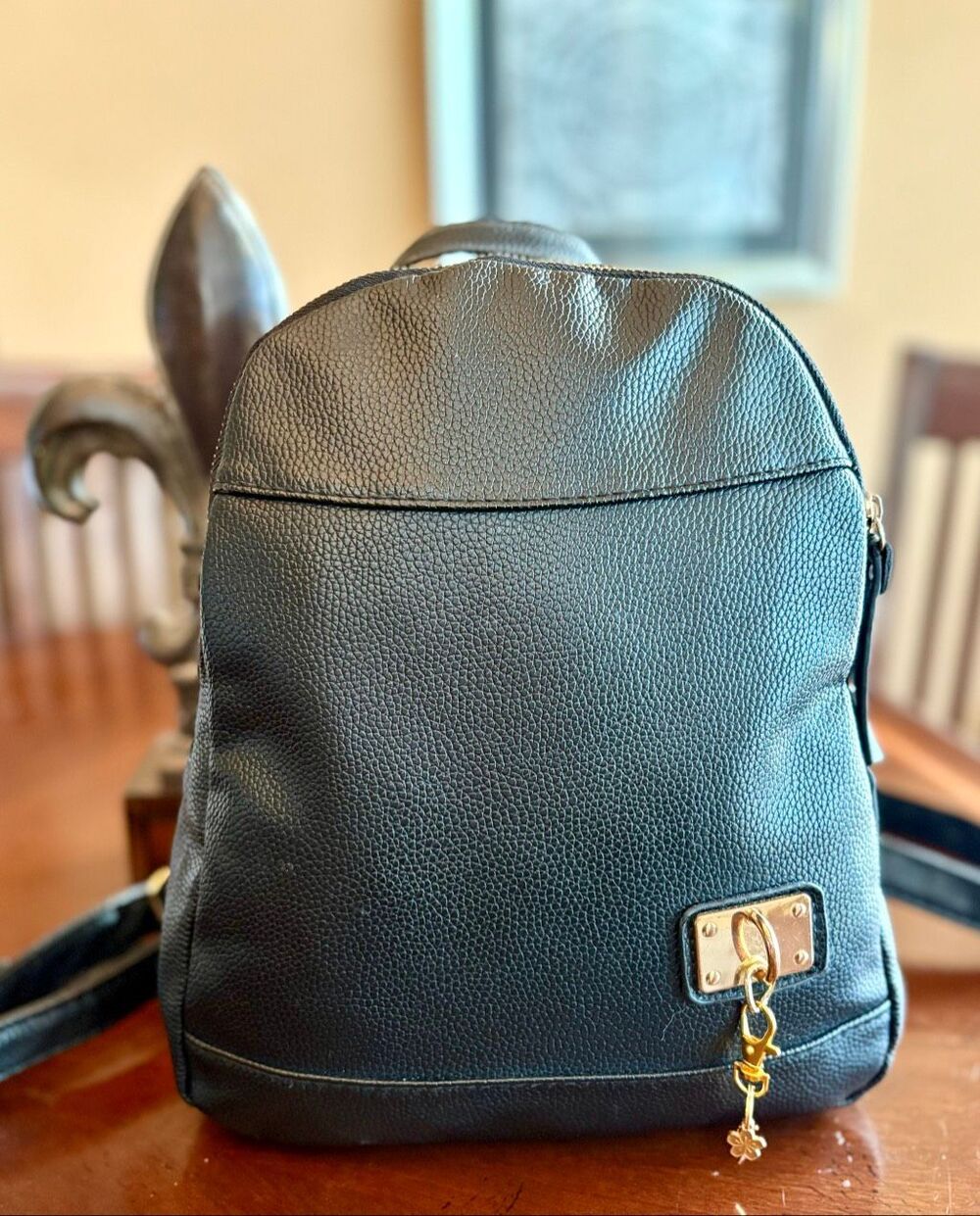 UNBRANDED - EUC Black Pebbled Faux Leather Mini Backpack w/Padlock-Style Accent - Picture 6 of 13